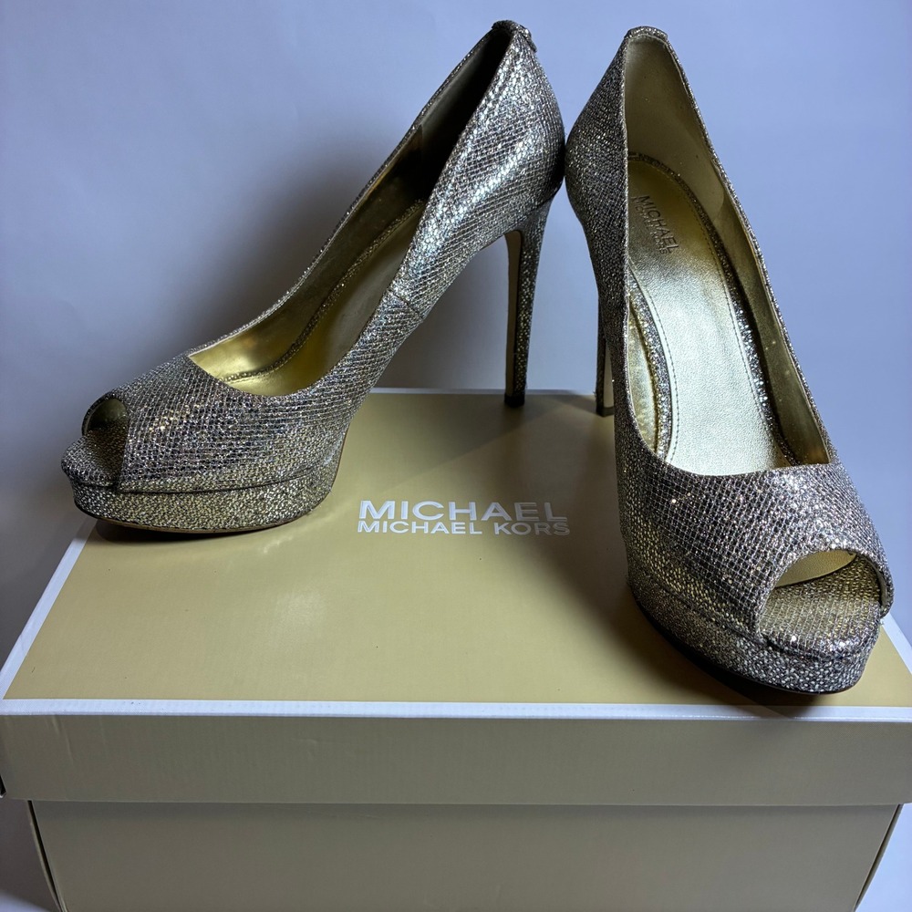 Michael Kors Heels Women 9.5M Gold Peep Toe Pump Glitter Platform MK Logo